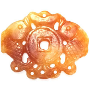 HSIU JADE COUPLE FISHES WITH MONEY COIN 45X65MM MULTI PENDANT